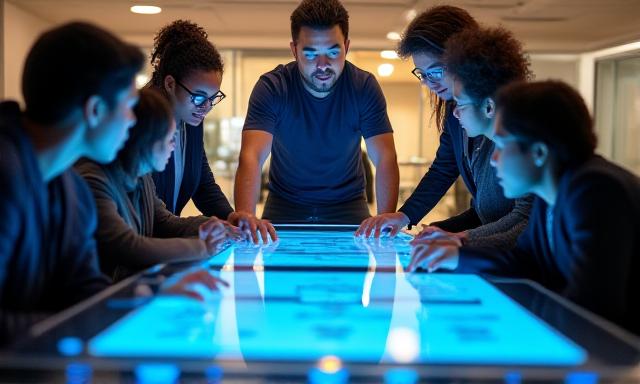 Diverse team collaborating around a digital data table