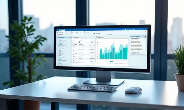 Sleek workspace with high-end data dashboard on screen