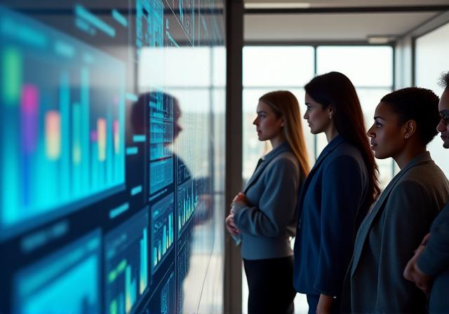 Team collaborating over digital data dashboards in a modern office
