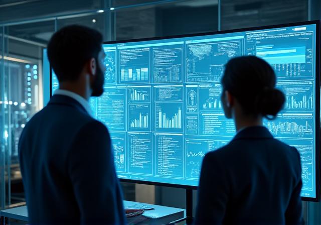 Team of analysts reviewing data charts on a screen